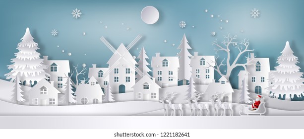 Paper art style of Santa Claus with reindeer sleigh in the city during Christmas, flat-style vector illustration. Merry Christmas and Happy New Year concept.