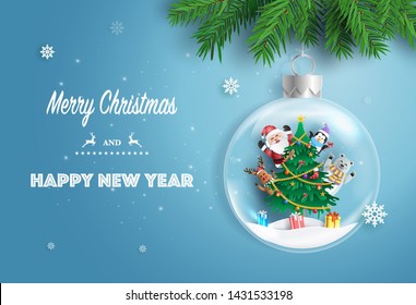 Paper art style of Santa Claus and friends with Christmas tree in Xmas ball, Merry Christmas and Happy New Year concept.