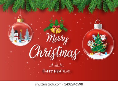 Paper art style of Santa Claus and friends with Christmas tree in Xmas ball, Merry Christmas and Happy New Year concept.