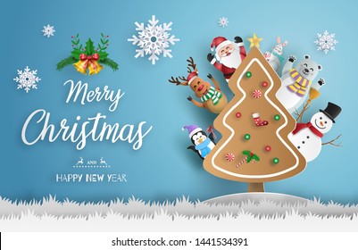 Paper art style of Santa Claus and friends with gingerbread Christmas tree and snowflake background, Merry Christmas and Happy New Year concept.