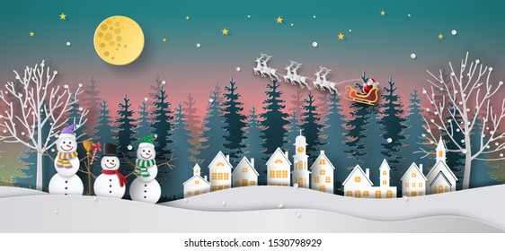 Paper art style of Santa Claus with reindeer sleigh and happy snowman in a village, Merry Christmas and Happy New Year concept.
