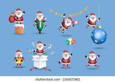 Paper art style of Santa Claus set with different actions, flat-style vector illustration.
