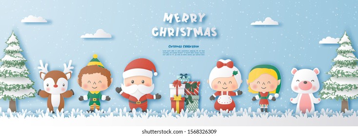 Paper art style of santa claus and friends with Christmas tree and snowflake background, Merry christmas and happy new year concept
