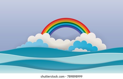 paper art style with sea and sky background pastel color scheme vector illustration