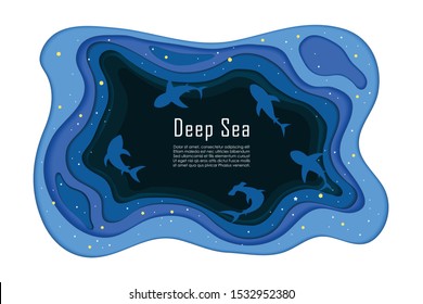 Paper art style. Sharks in deep sea. trendy craft style