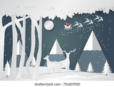 Estilo de arte de papel, copo de nieve y ciervos para Navidades Temporada, Ilustración vectorial de Navidades alegres