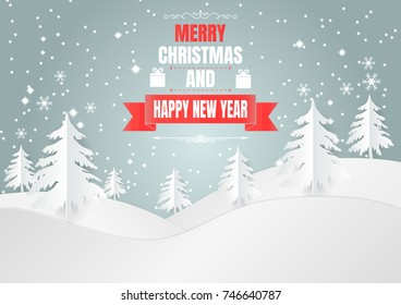 Paper art style, Snowflake and Tree for Christmas Season, Vector illustration