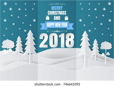 Paper art style, Snowflake and Tree for Christmas Season 2018, Vector illustration