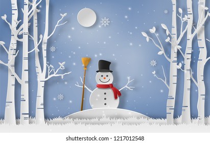 Paper Art Style Of Snowman Standing In Winter, Merry Christmas And Happy New Year Concept.