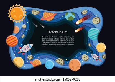 Paper art style. Solar system planets on space trip. Vector illustration