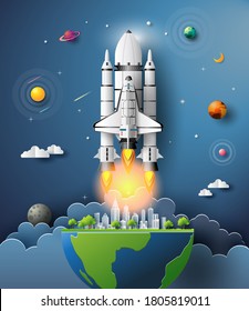 Paper Art Style Of The Space Shuttle Taking Off In Space, Start-up Concept, Flat-style Vector Illustration.