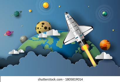 Paper Art Style Of The Space Shuttle Taking Off In Space, Start-up Concept, Flat-style Vector Illustration.