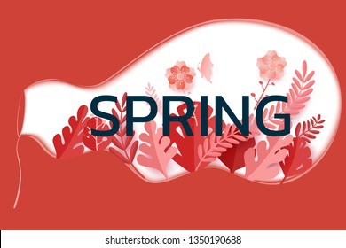 Paper art style. Spring season design leaves flower and butterfly in big bubble soap shape. Paper cut modern design. Vector Illustration