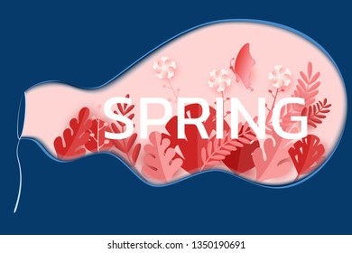 Paper art style. Spring season design leaves flower and butterfly in big bubble soap shape. Paper cut modern design. Vector Illustration
