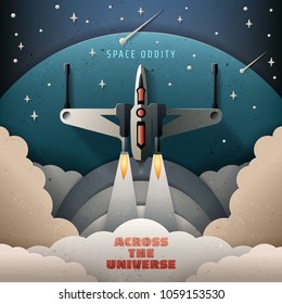 Paper art style. Startup rocket concept. Rocket launch poster. Starry sky. Space fighter vector illustration. Space oddity. Across the universe.