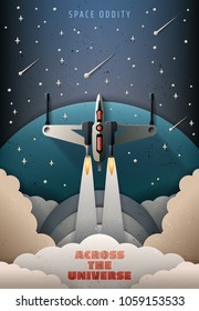 Paper art style. Startup rocket concept. Rocket launch poster. Starry sky. Space fighter vector illustration. Space oddity. Across the universe.