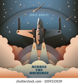 Paper art style. Startup rocket concept. Rocket launch poster. Starry sky. Space fighter vector illustration. Space oddity. Across the universe.