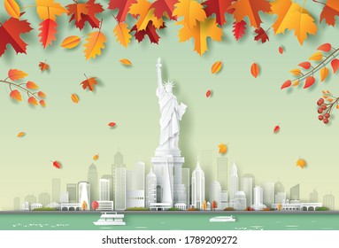 Paper art style of the Statue of Liberty, New York USA city skyline, beautiful landscape autumn background, travel and tourism concept.