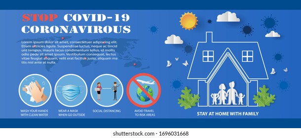 Paper art style of stop COVID-19, coronavirus infographic elements, protect the health of you and your family, by stay at home, paper art and craft style.