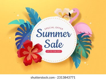 Paper art style summer sale promotion round board surrounded by tropical plants and pink flamingo on yellow background.