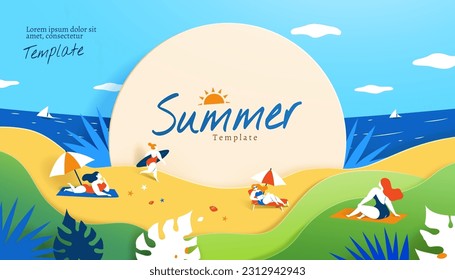 Paper art style summer template of women sunbathing, and going surfing at the beach.
