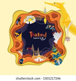 Paper art style with Thailand and Landmarks and travel place, temple, train vintage. flat design
