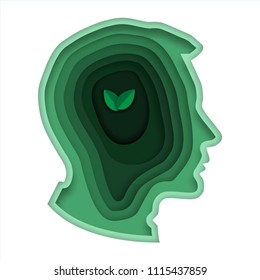 paper art style thinking green concept artwork modern paper cut  green color in head human vector