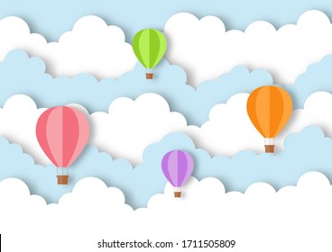 paper art style travel with balloon flying background. vector Illustration.