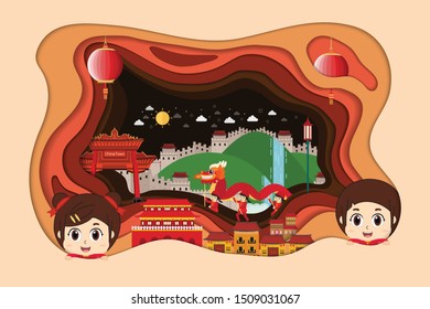 Paper art style. Travel and tourism China famous and landmarks. Vector illustration