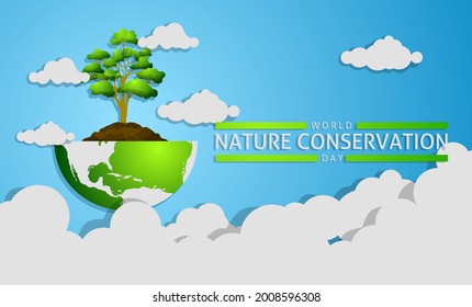 Estilo de arte de papel de un árbol a un globo y muchas nubes, tema del día de la conservación de la naturaleza mundial y del día de la tierra, ilustración vectorial de estilo plano.