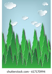 Paper art style of tree pine forest with blue sky