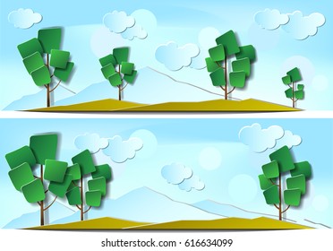 Paper art style two horizontal nature banners with square trees leaf style and mountain background