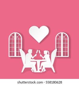 Paper art style. Valentines background. Couple love dinner in restaurant. Romantic honeymoon. 