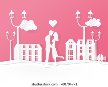 Paper art style. Valentines background. Couple love kissing in public. Romantic outdoor for honeymoon.