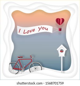 Paper art style of Valentine's concept with red bicycle, red hot air balloon in heart shape. Vector illustration