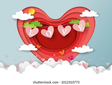 Paper art style of valentine's day greeting card with heart and love concept.Paper love text hanging on paper cut heart shape with cloud and blue sky.Vector illustration.