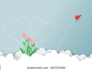 Paper art style of valentine's day greeting card and love concept.Red paper airplane flying above love plants on clouds and blue sky.Vector illustration.
