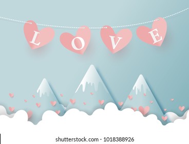 Paper art style of valentine's day greeting card and love concept. Love text with paper hearts shape with mountains, clouds and blue sky. Vector illustration.