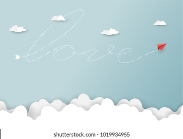 Paper art style of valentine's day greeting card and love concept.Origami red paper airplane flying in love shape.Vector illustration.