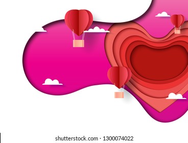 Paper art style of valentine's day greeting card template with heart and love concept.Origami hot air balloons floating paper cut heart shape.Vector illustration.