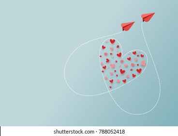 Paper art style of valentine's day greeting card and love concept.Couple of red airplanes flying look like heart shape.Vector illustration.