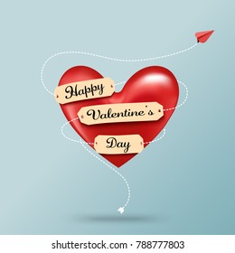 Paper art style of valentine's day greeting card and love concept.Red airplanes around red heart with tag label.Vector illustration.