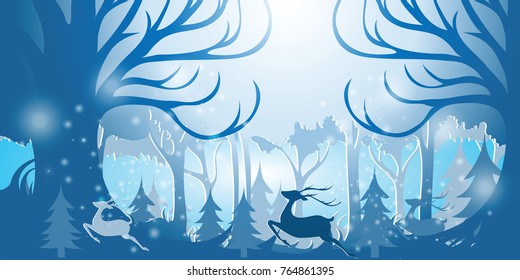Paper art style vector of forest landscape view in winter season for Christmas background illustration