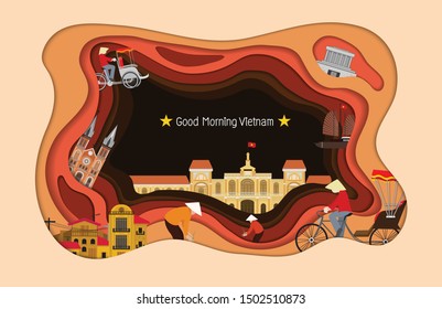 Paper art style. Vietnam Travel and Attraction, Landmarks, Tourism and Traditional Culture. vector illustration