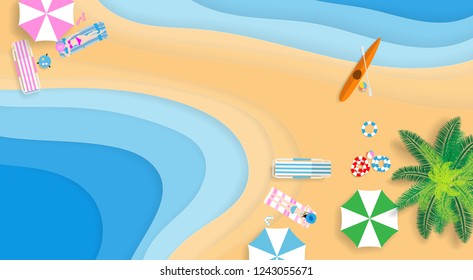 Paper art style.Top view of the island and the beach. there are Umbrellas, coconut trees, canoes, beach chair and beach equipment. Vector illustration.