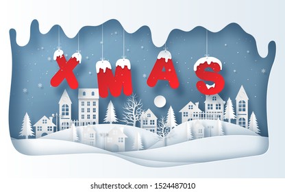 Paper art style of the village in winter season with hanging XMAS word, Merry Christmas and Happy New Year