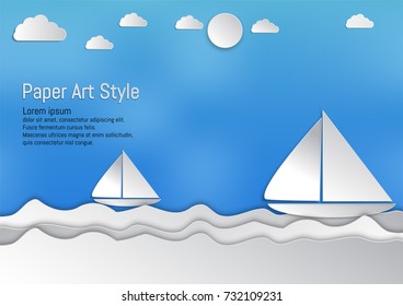 Paper art style, waves with sailboat and clouds, vector illustration