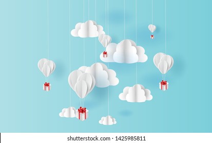 paper art style of white balloons color floating in air blue sky background.Creative design space for Christmas day,Festival,holiday,summer season,springtime.Good idea Pastel color.vector EPS10 