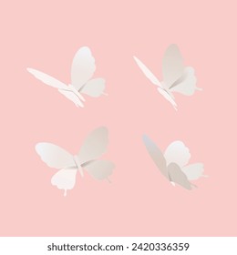 Paper art style white butterflies isolated on light pink background.