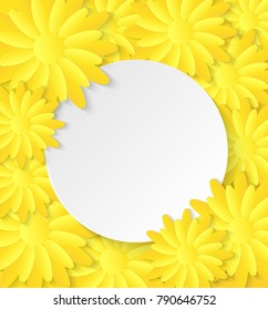 paper art style, White circle  and flowers Yellow, Yellow background ,design with shadows Vector